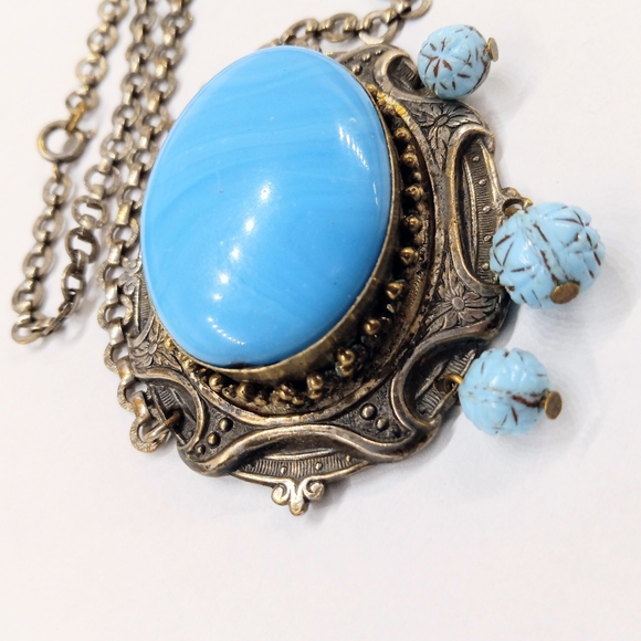 Vintage Blue Cabachon Choker Necklace Unique Victorian Style - Picture 7 of 8